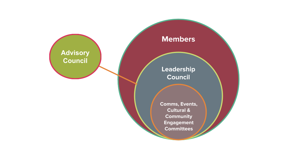 Visual Representation of Chapter Structure using circles embedded in one another. Largest circle is Members, inside is the leadership council, and inside of that are the committees. An AdHoc circle of the advisory council points back the the leadership council circle.